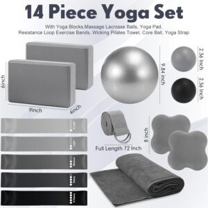 14 Pcs Yoga Kits for Home Workouts Pilates Equipment Set for Women Beginners, Hot Yoga Towel Blocks Strap, Knee Pad, Resistance Loop Exercise Band, Massage Lacrosse Ball, Pilates Ball