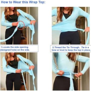 Women Wrap Top Thumb Hole Long Sleeve Self Tie Workout Shirt Pilates Ballet Yoga Tops