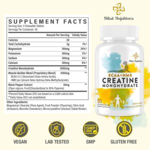 8-in-1 Creatine Monohydrate with BCAA & HMB, 5000 mg for Men & Women, Creatine Chews for Muscle, Recovery, Endurance & Strength, High Absorption, Lemon Flavor, Sugar-Free, 90 Tablets