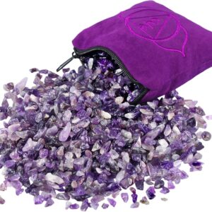 SUNYIK Natural Amethyst Tumbled Chip Stone, Third Eye Chakra Crystal Pillow for Healing Reiki, Sphere Sculpture Figurine Point Display Stand