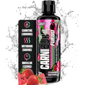 Nutrex Research Carniburn Liquid L Carnitine 3000mg – Thermogenic Liquid Fat Burner for Men & Women with MitoBurn, InnoSlim, GBBGO – Stimulant Free Metabolism Booster – Strawberry Watermelon 31 SV