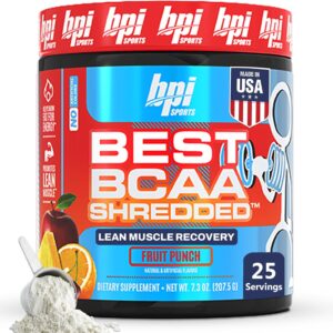 BPI Sports Best BCAA Shredded – Caffeine Free Thermogenic Recovery Drink, Lean Muscle Building BCAA Powder for Women and Men, Preworkout BCAAs Amino Acids Drink- Fruit Punch – 25 Servings