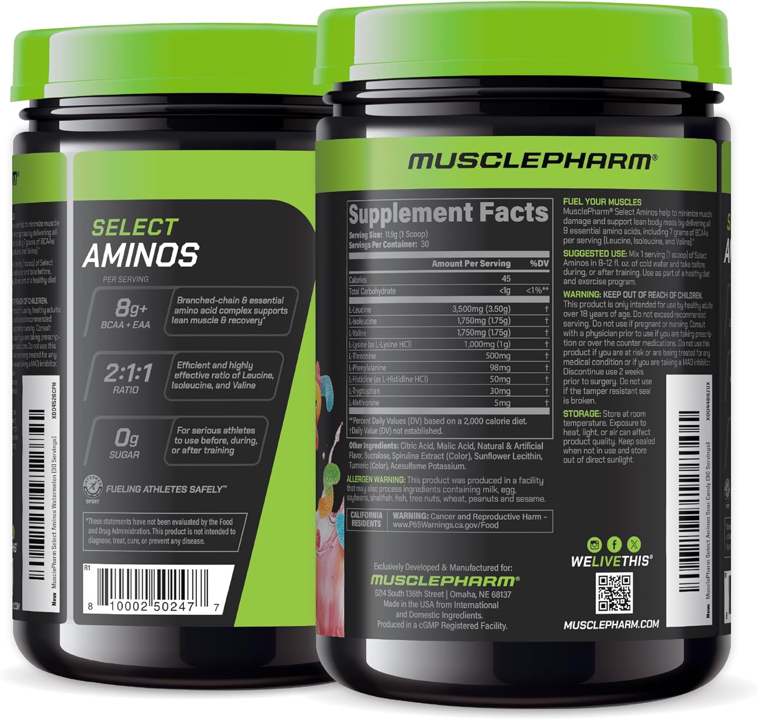MusclePharm Select Amino's EAA + BCAAs, Post Workout Essential Amino Acids Powder, Pre Workout Energy Supplement for Men & Women with Branched Chain Amino Acids, 30 Servings (Sour Candy) - Image 8