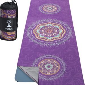 MoKo Yoga Towel, Non Slip Hot Yoga Mat Yoga Blanket Printing Pattern Quick Dry with Corner Pocket for Bikram, Pilates, Gym Workout, Outdoor Picnic, Purple Mandala