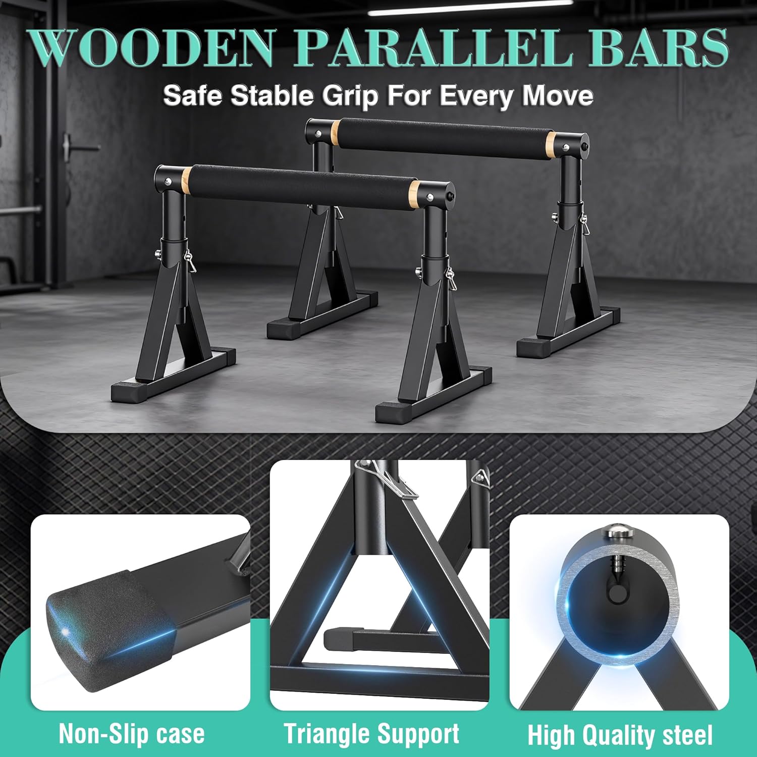 10-14'' Wooden Parallel Bar and Dip Bar with Adjustable Height and Non-Slip Handles, Rock-Free Fitness Equipment for Handstands, L-Sits, Gymnastics and Strength Training for Home Gym, 600lbs Capacity - Image 6
