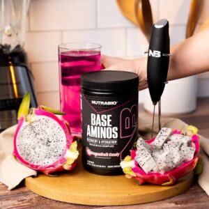 NutraBio Base Aminos EAA + BCAA Powder –10g Essential Amino Acids Supplement, 6g 2:1:1 BCAAs, 2.8g Hydration Matrix with Electrolytes & Absorption Enhancer AstraGin® – 30 Servings- Dragon Fruit Candy