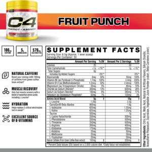 Cellucor C4 Energy + Aminos Powder | 5g BCAAs & EAAs for Muscle Recovery, 3 Electrolytes for Hydration, 100mg Natural Caffeine | Pre Workout | Zero Sugar, 30 Servings, Fruit Punch