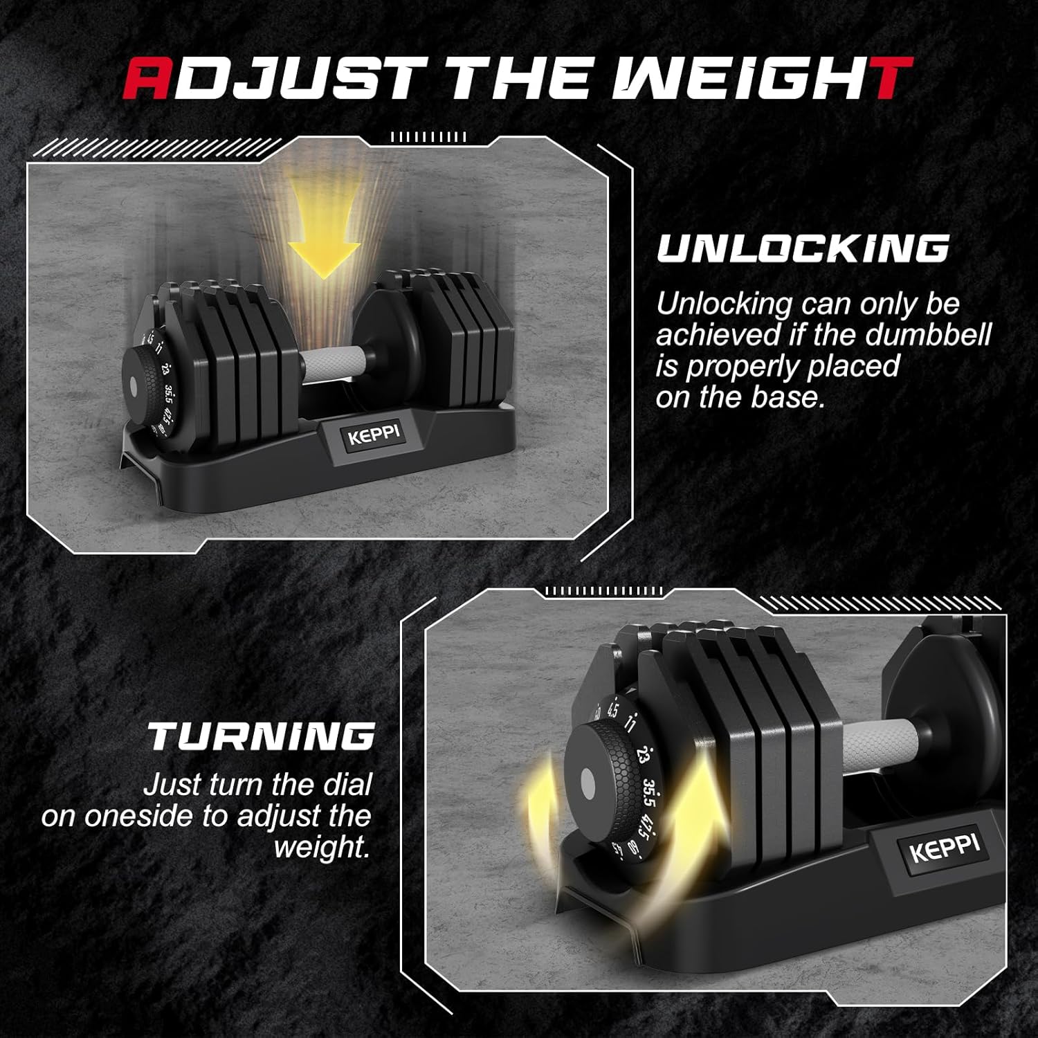 Keppi Adjustable Dumbbells Set-25lb/40lb/55lb/60lb, Anti-Slip Metal Fast Adjust Weight Handle, Exercise & Fitness for Full Body Workout - Adjustable Dumbbell Series - Image 4