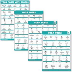 Palace Learning 4 Pack – Yoga Poses Poster Volume 1, 2 & 3 + Yoga Positions with Yoga Blocks – Beginner Yoga Position Exercise Charts – English and Sanskrit Names