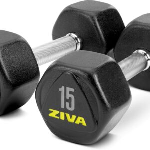 ZIVA Premium Hex Dumbbells – Commercial Grade Rubber Urethane Coated Free Weights for Strength Training, Weightlifting, Home Gym – Durable Steel Core – Sold in Pairs and Sets