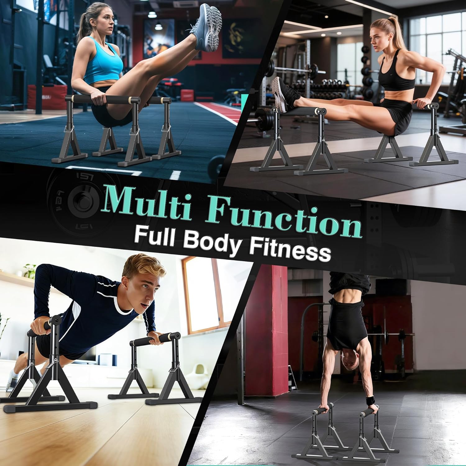 10-14'' Wooden Parallel Bar and Dip Bar with Adjustable Height and Non-Slip Handles, Rock-Free Fitness Equipment for Handstands, L-Sits, Gymnastics and Strength Training for Home Gym, 600lbs Capacity - Image 2