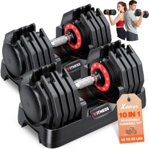 XDDIAS Adjustable Dumbbell Set of 2, 25/55/80/90LB Dumbbell Set- 1-Hand Fast Adjustment with Anti-Slip Handle, Compact Free Weights Dumbbells Set for Men/Women Home Gym Strength Training Equipment
