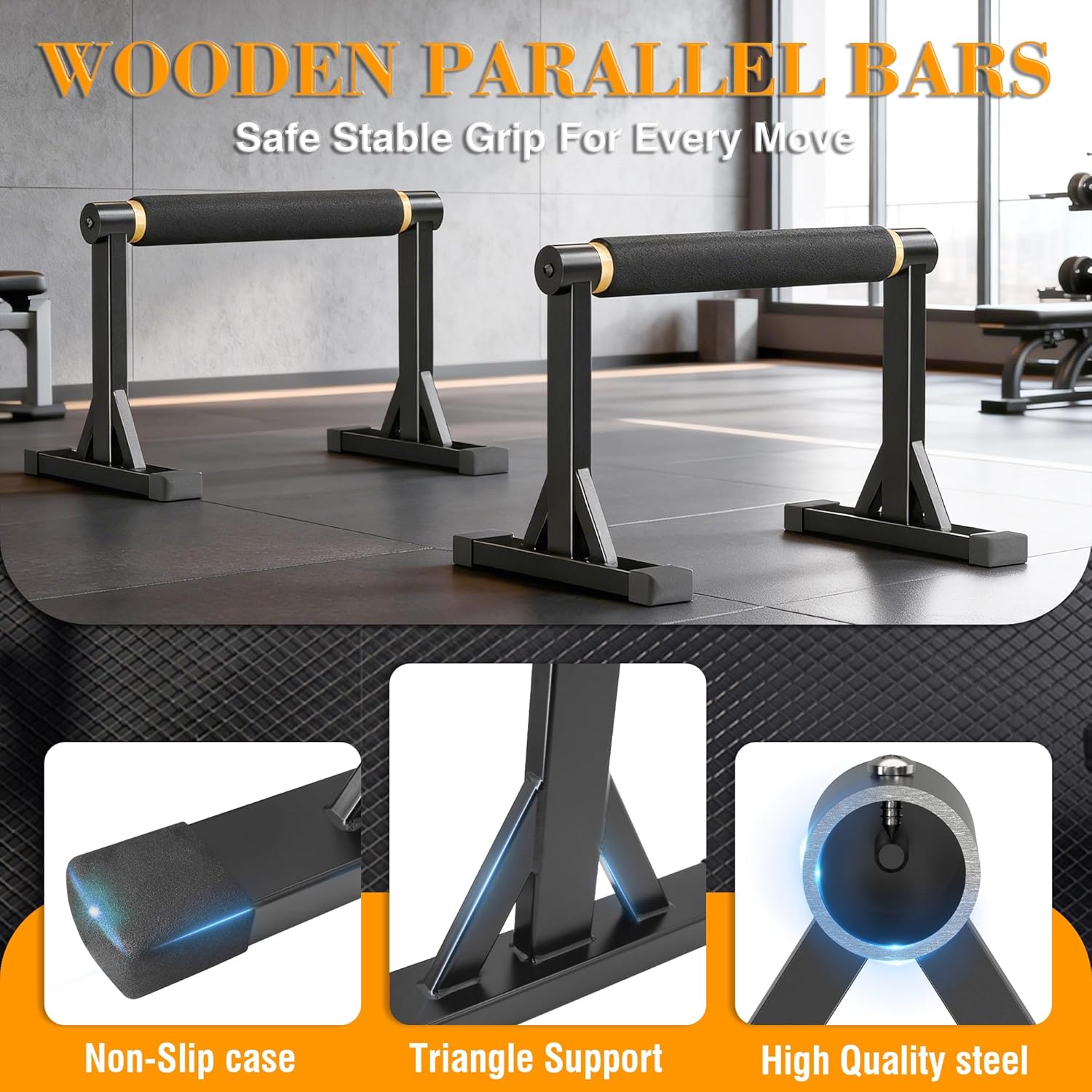 12" Wooden Parallel Bar and Dip Bar with Non-Slip Handles, Rock-Free Fitness Equipment for Handstands, L-Sits, Gymnastics and Strength Training for Home Gym, 600lbs Capacity - Image 6