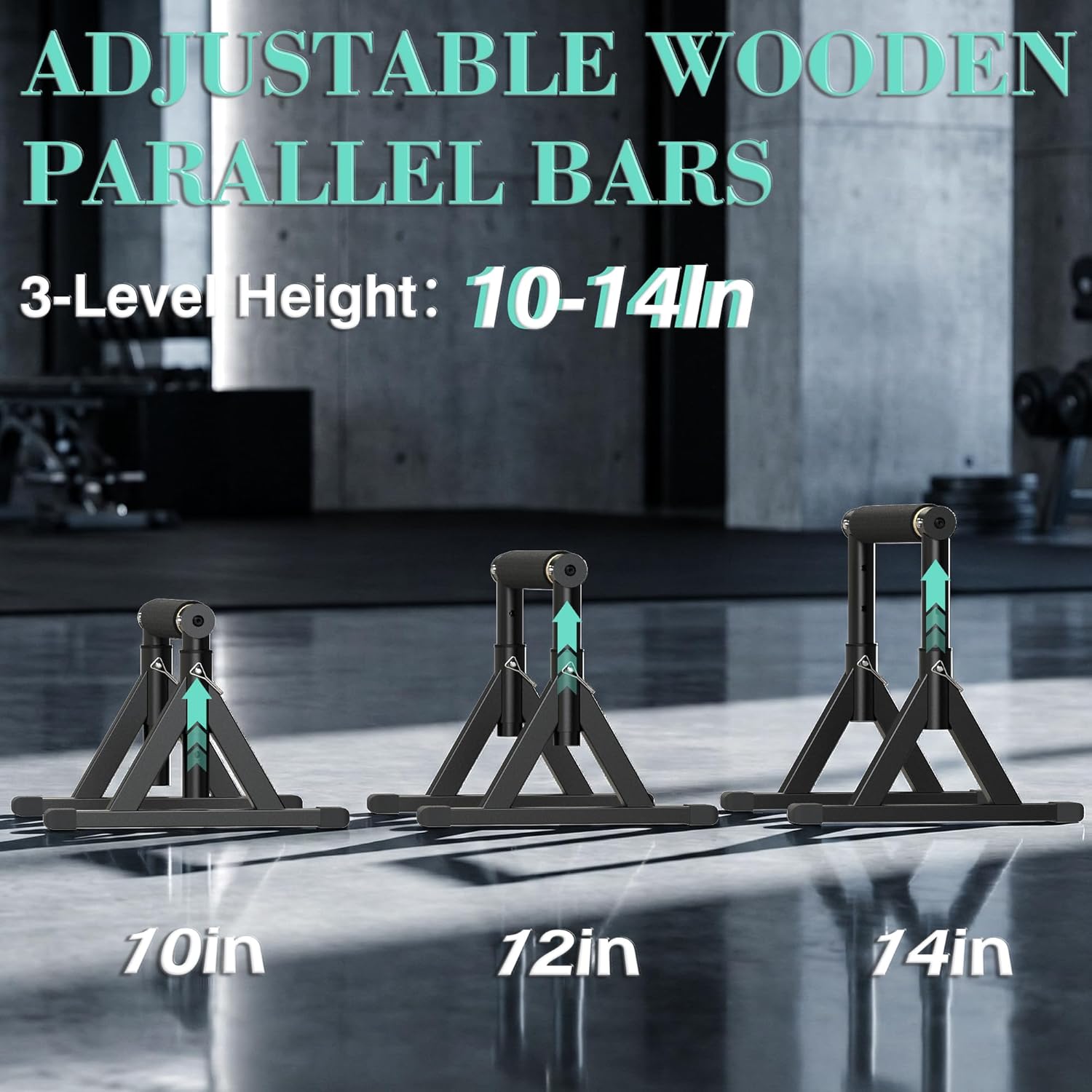 10-14'' Wooden Parallel Bar and Dip Bar with Adjustable Height and Non-Slip Handles, Rock-Free Fitness Equipment for Handstands, L-Sits, Gymnastics and Strength Training for Home Gym, 600lbs Capacity - Image 3