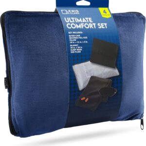 Lewis N. Clark Ultimate Comfort Set + Portable Travel Kit for Airplane, Includes Inflatable Pillow + Zippered Carrying Case, Cozy Fleece Blanket, Eye Mask for Sleeping & Foam Ear Plugs, Navy