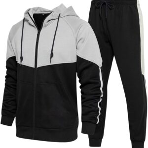 Men’s Hooded Athletic Tracksuit Sweatsuit Long Sleeve Full-Zip Jogging Sweatpants 2 Piece Patchwork Sportsuits