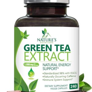 Green Tea Extract 1000 mg Per Serving – 3X Strength Green Tea Pills with 45% EGCG & 98% Polyphenols for Natural Energy – Vegan Antioxidant Herbal Supplement for Heart Support – 240 Capsules