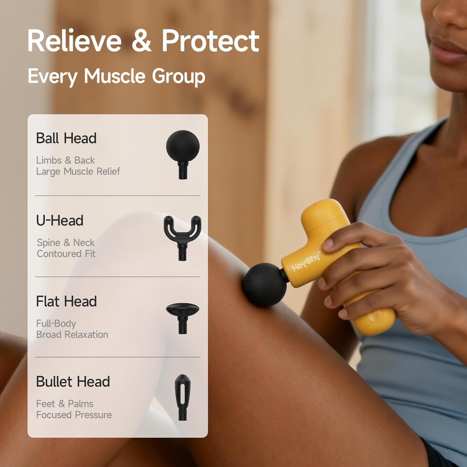 HEYCHY Super Mini Massage Gun Deep Tissue, Handheld Percussion Muscle Massager with 4 Heads, Travel Size Massager Gun for Men & Women Back Pain Relief, Quiet for Home, Gym, Office, Yellow - Image 7