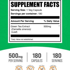 BulkSupplements.com Green Tea Extract Capsules – Green Tea Supplement, Green Tea Extract 500mg, Green Tea Pills – Vegan & Gluten Free, 1 Capsule per Serving, 180 Veg Capsules (Pack of 1)