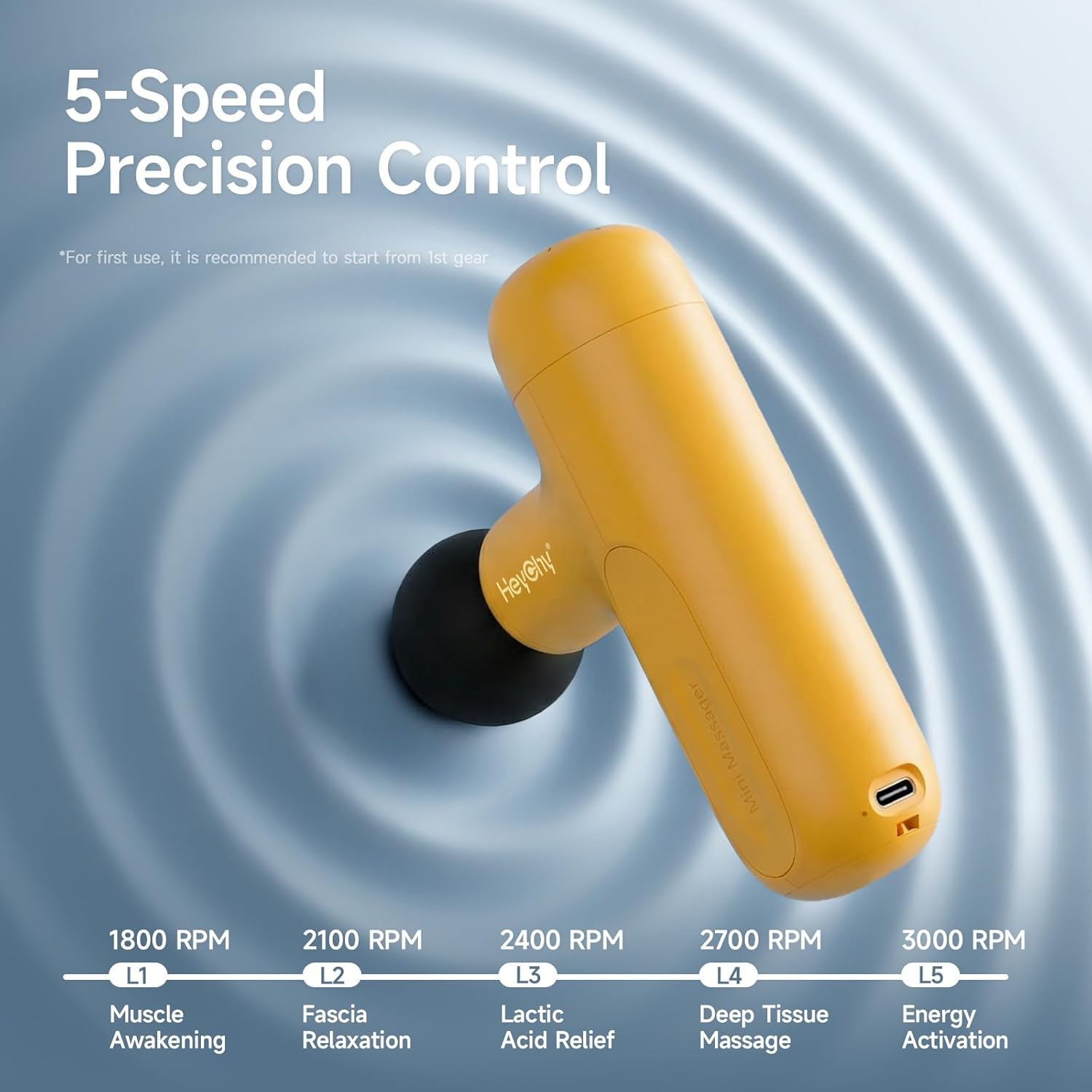 HEYCHY Super Mini Massage Gun Deep Tissue, Handheld Percussion Muscle Massager with 4 Heads, Travel Size Massager Gun for Men & Women Back Pain Relief, Quiet for Home, Gym, Office, Yellow - Image 4