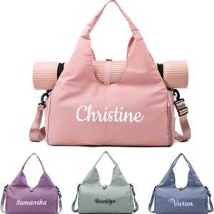 Personalized Sport Gym Bags with Yoga Mat Compartment, Custom Embroidered Name Duffle Bag with Shoe Compartment, Cheerleading Gymnastics Dance Ballet Bag for Girls, Weekender Overnight for Women