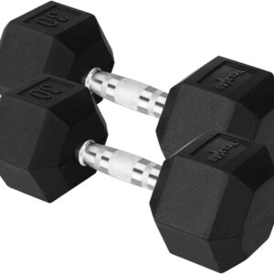 Yes4All Chrome/Rubber Grip Encased Hex Dumbbells – Hand Weights With Anti-Slip 10-30 LBS Pair