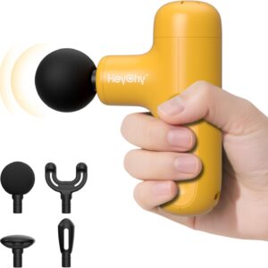 HEYCHY Super Mini Massage Gun Deep Tissue, Handheld Percussion Muscle Massager with 4 Heads, Travel Size Massager Gun for Men & Women Back Pain Relief, Quiet for Home, Gym, Office, Yellow