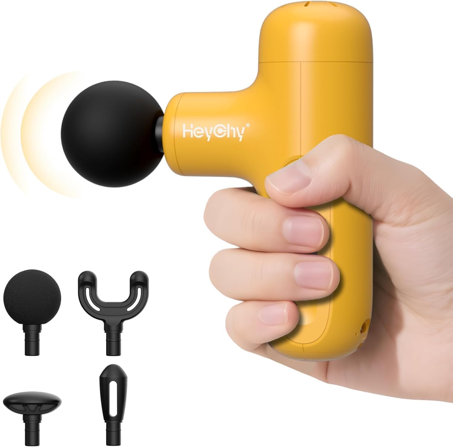 HEYCHY Super Mini Massage Gun Deep Tissue, Handheld Percussion Muscle Massager with 4 Heads, Travel Size Massager Gun for Men & Women Back Pain Relief, Quiet for Home, Gym, Office, Yellow