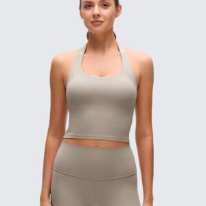 CRZ YOGA Butterluxe Halter Crop Tank Tops for Women – Open Back Padded Longline Sports Bras Workout Gym