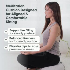Mindful & Modern Large Meditation Cushion | Zafu Yoga Bolster Meditation Floor Pillow Seat | Buckwheat Hull Filled Crescent Shaped Cushion with Removable Washable Cover + Carry Handle | White