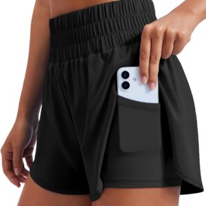 PINSPARK Women’s 2 in 1 Running Shorts High-Split Athletic Short High Waisted 3″ Liner Workout Gym Short with Pockets