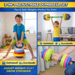 Kids Exercise Weight Set – 3-in-1 Adjustable Workout Toy Equipment for Children Pretend Play Exercise – Toddler Beginner Gym, Fitness, Weightlifting and Powerlifting (Dumbbell, Barbell, Kettlebell)