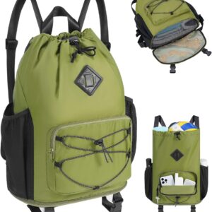 WANDF Drawstring Backpack with Removable Wet Pocket, Sandproof Beach Backpack with Bottom Compression Strap for Beach Mat, Swim Bag for Pool, Gym, Travel and Workout Gear (Dark Green)