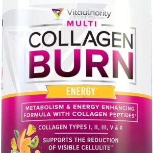 Multi Collagen Burn: MultiType Hydrolyzed Protein Peptides with Hyaluronic Acid, Vitamin C, SOD B Dimpless, Types I, II, III, V and X, with Caffeine 30 Servings Tropical Punch Flavored