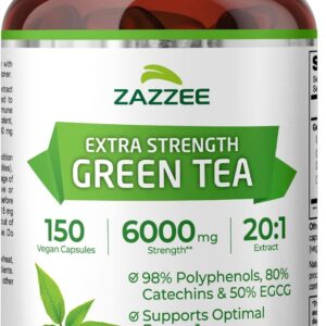 Zazzee Extra Strength Green Tea 20:1 Extract, 50% EGCG, 98% Polyphenols, 80% Catechins, 150 Vegan Capsules, 5 Month Supply, Certified Kosher, Antioxidant & Metabolism Support, Non-GMO, Made in the USA