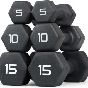 WF Athletic Supply Black Neoprene Dumbbell Set, Non-Slip & Hex Shape, Great for Muscle Toning, Strength Building & Weight Loss; Sizes, Dumbbells Only & w/Rack Options Available