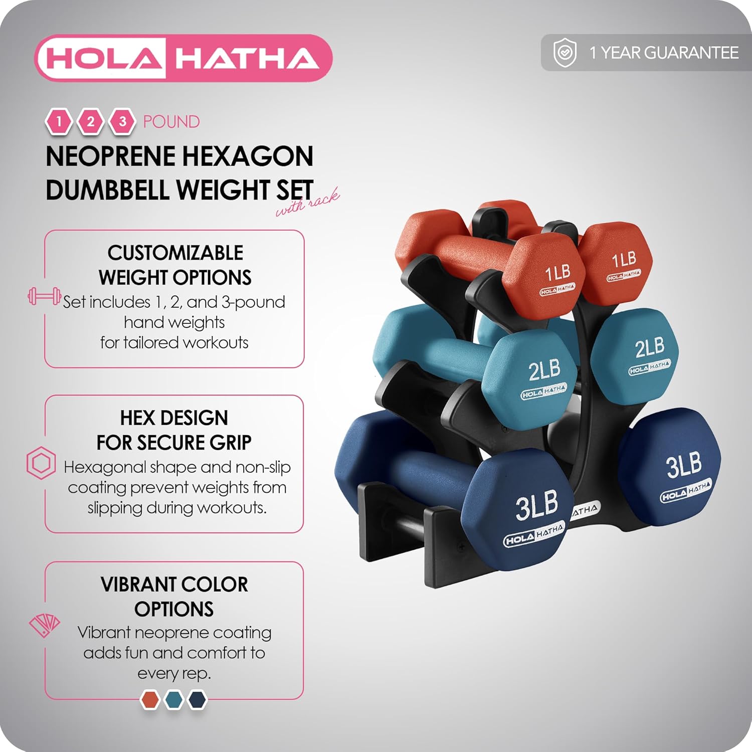 HolaHatha Neoprene Dumbbell Weights Set w/Rack, Home Gym Equipment - Portable Weighted Exercise Dumbbells for Fitness, Training, and Lifting Workouts - Image 3