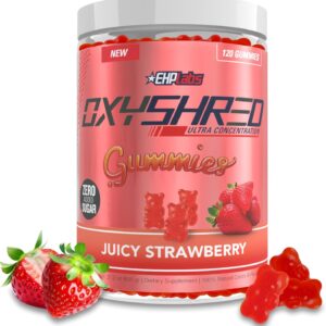 EHP Labs OxyShred Gummies – Pre Workout Gummies & Energy Chews with 100mg Caffeine, L-Carnitine for Thermo & Metabolic Support, All Natural Energy Boost – Strawberry Flavor – 60 Servings