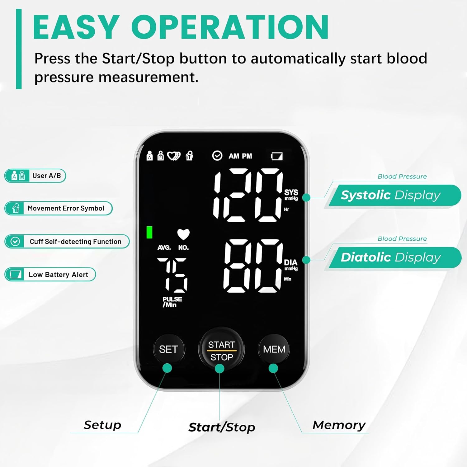 Oklar Blood Pressure Monitor Upper Arm Monitors for Home Use BP Machine Sphygmomanometer with 2x120 Reading Memory Adjustable Arm Cuff 8.7"-15.7" Large Display with LED Background Light Storage Bag - Image 3