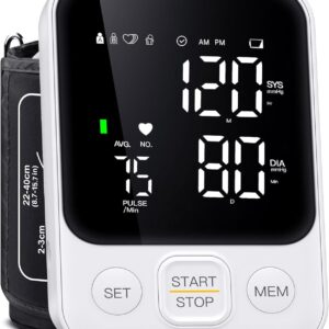 Blood Pressure Monitor Upper Arm Monitors for Home Use BP Machine with 2×120 Reading Memory Adjustable Arm Cuff 8.7″-15.7″ Large Display with LED Background Light Storage Bag White