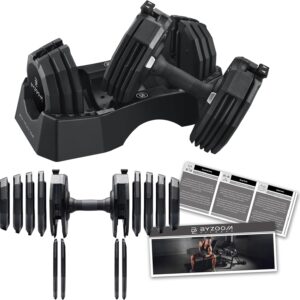 BYZOOM FITNESS Classic Series 50/55LB Adjustable Dumbbell Pair Set of 2 OR Single Unit (Check qty before purchase), 5-in-1 OR 15-in-1 Patented Secure System, Solid Cast Iron Core, Iconic 12-Sided Polygonal Anti-Roll Base, Professional Heavy Weight for Men and Women, Black