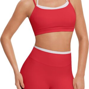 OMKAGI Workout Sets for Women Cute Doubel Layer Open Back Sports Bras Gym Shorts Outfits