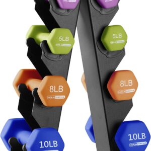 HolaHatha 2, 3, 5, 8, and 10 Pound Neoprene Dumbbell Free Hand Weight Set with Rack, Ideal for Home Exercises to Gain Tone and Definition, Pastel