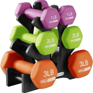 HolaHatha Neoprene Dumbbell Weights Set w/Rack, Home Gym Equipment – Portable Weighted Exercise Dumbbells for Fitness, Training, and Lifting Workouts