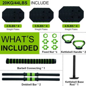 Adjustable Dumbbell Set, 30/44/66/88Lbs Free Weight Set with Connector, 4 In1 Dumbbells Set Used As Barbell, Kettlebells, Push Up Stand,Green and Black