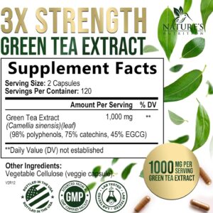 Green Tea Extract 1000 mg Per Serving – 3X Strength Green Tea Pills with 45% EGCG & 98% Polyphenols for Natural Energy – Vegan Antioxidant Herbal Supplement for Heart Support – 240 Capsules