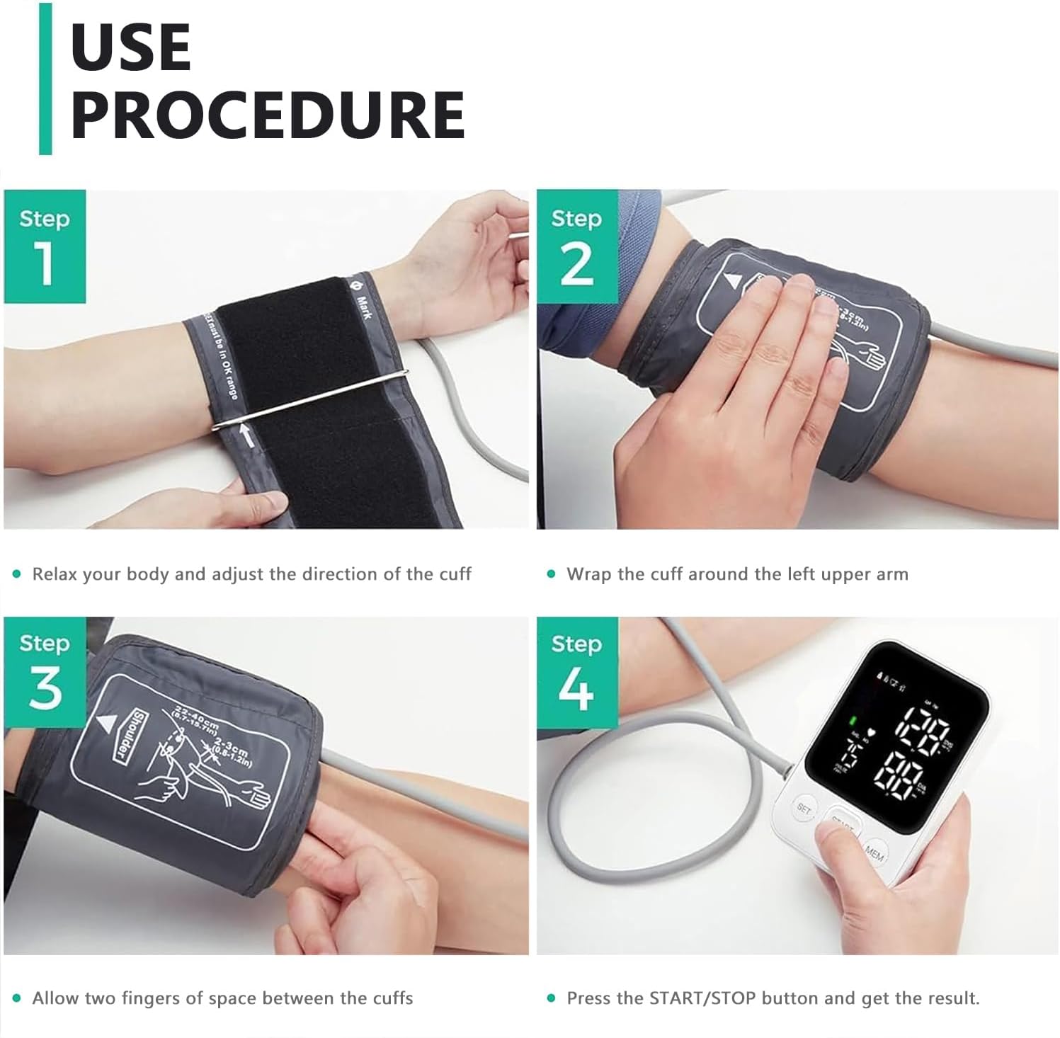 Blood Pressure Monitor Upper Arm Monitors for Home Use BP Machine with 2x120 Reading Memory Adjustable Arm Cuff 8.7"-15.7" Large Display with LED Background Light Storage Bag White - Image 6