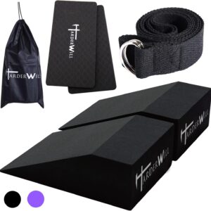 HarderWill Yoga Foam Wedge Blocks (Pair), Calf Raise Block, Calf Stretcher, Yoga Wrist Support, Balance, Pushup, Fitness, Pilates, Heel Stretcher, Squat Wedge with Gym Bag