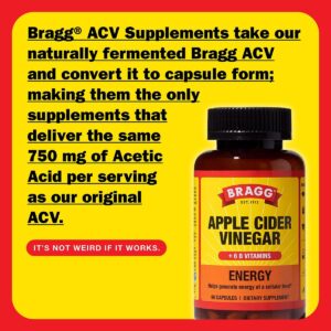Bragg Energy Apple Cider Vinegar Capsules with B-12 Vitamins – 90 Capsules – Weight Management – Non-GMO, Vegan, Gluten Free, No Sugar – Helps Generate Energy at Cellular Level for Men and Women