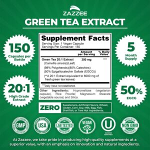 Zazzee Extra Strength Green Tea 20:1 Extract, 50% EGCG, 98% Polyphenols, 80% Catechins, 150 Vegan Capsules, 5 Month Supply, Certified Kosher, Antioxidant & Metabolism Support, Non-GMO, Made in the USA